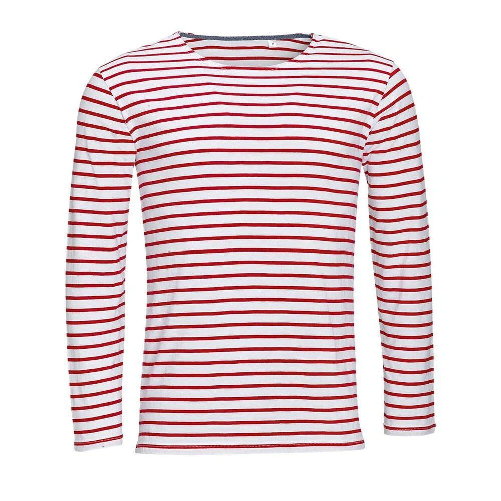SOL'S 01402 Marine Gestreept T-shirt Lange Mouwen Heren – Wit/Rood