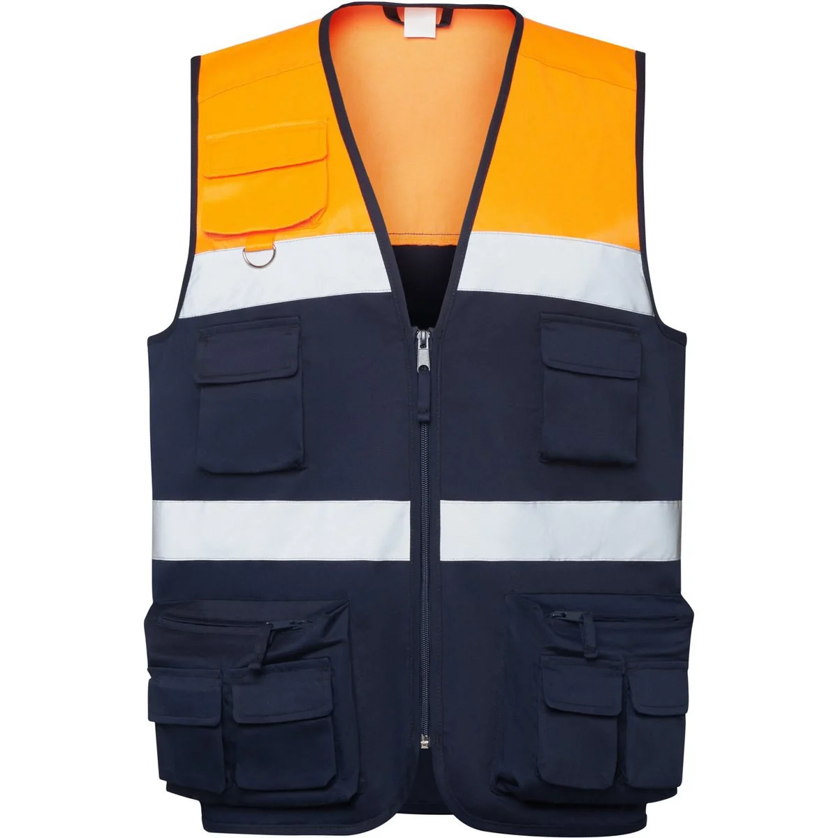 Roly HV9323 Beta Tweekleurig Multi-pocket Veiligheidshesje – NAVY BLAUW/FLUOR ORANJE