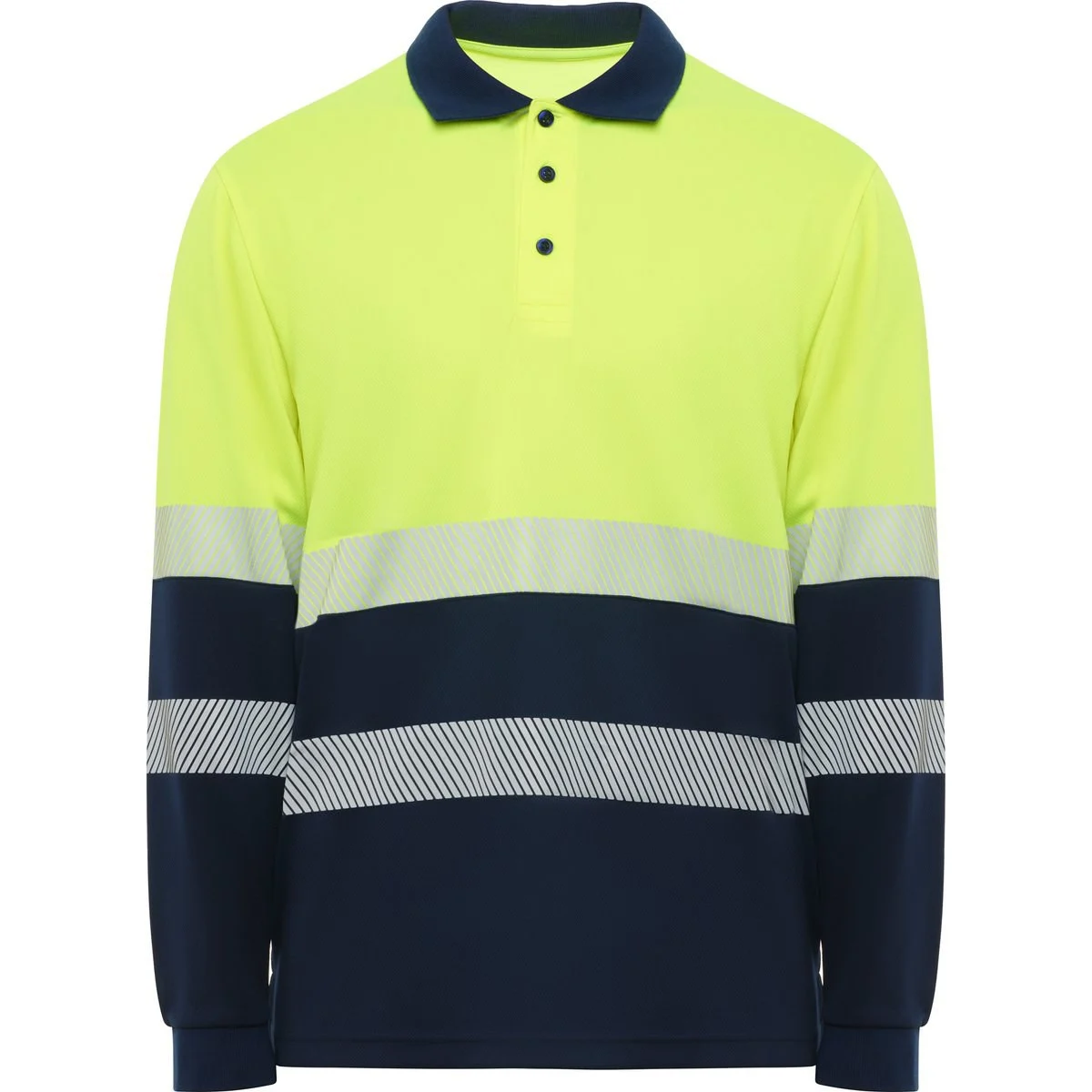 Roly HV9316 Vega Tweekleurig Poloshirt Lange Mouwen Hoge Zichtbaarheid – MARINO/AMARILLO FLUOR