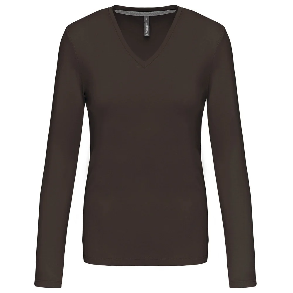Kariban K382 T-shirt V-hals Lange Mouwen Dames – Chocolade