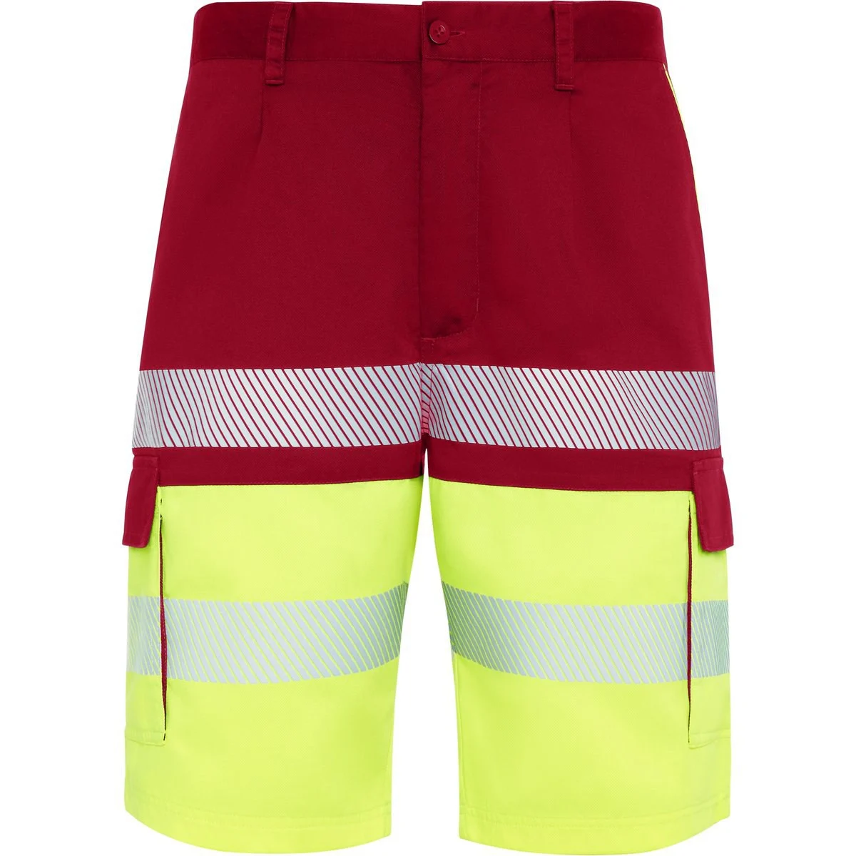 Roly HV9328 Lada Tweekleurige Multi-pocket Werkshort Hoge Zichtbaarheid – ROJO LABORAL/AMARILLO FLÚOR