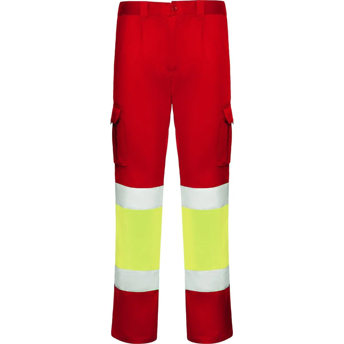 Roly HV9312 Daily Tweekleurige Multi-pocket Stretch Werkbroek Hoge Zichtbaarheid – ROJO LABORAL/AMARILLO FLÚOR