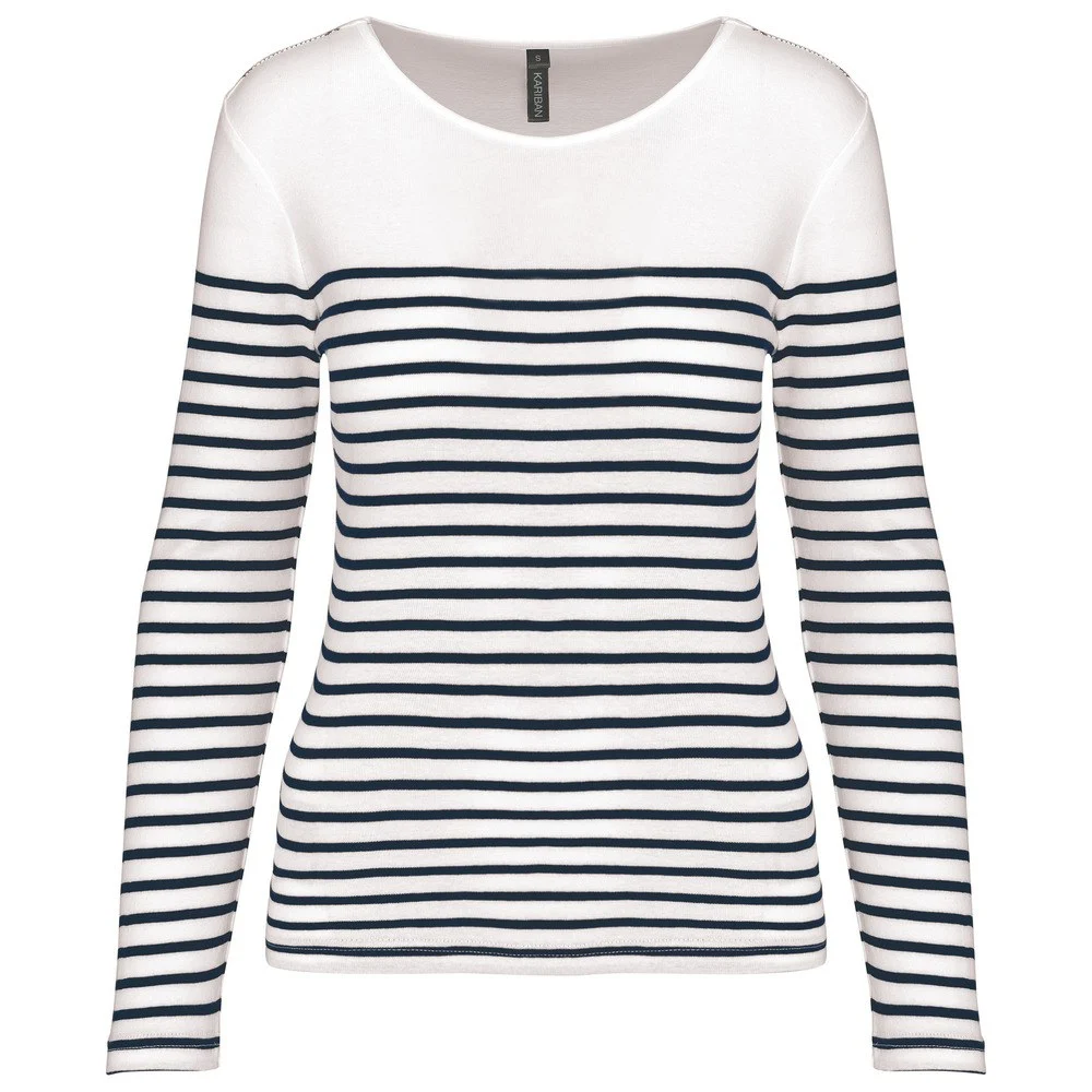Kariban K386 Gestreept T-shirt Lange Mouwen Dames – Gestreept Wit / Navy