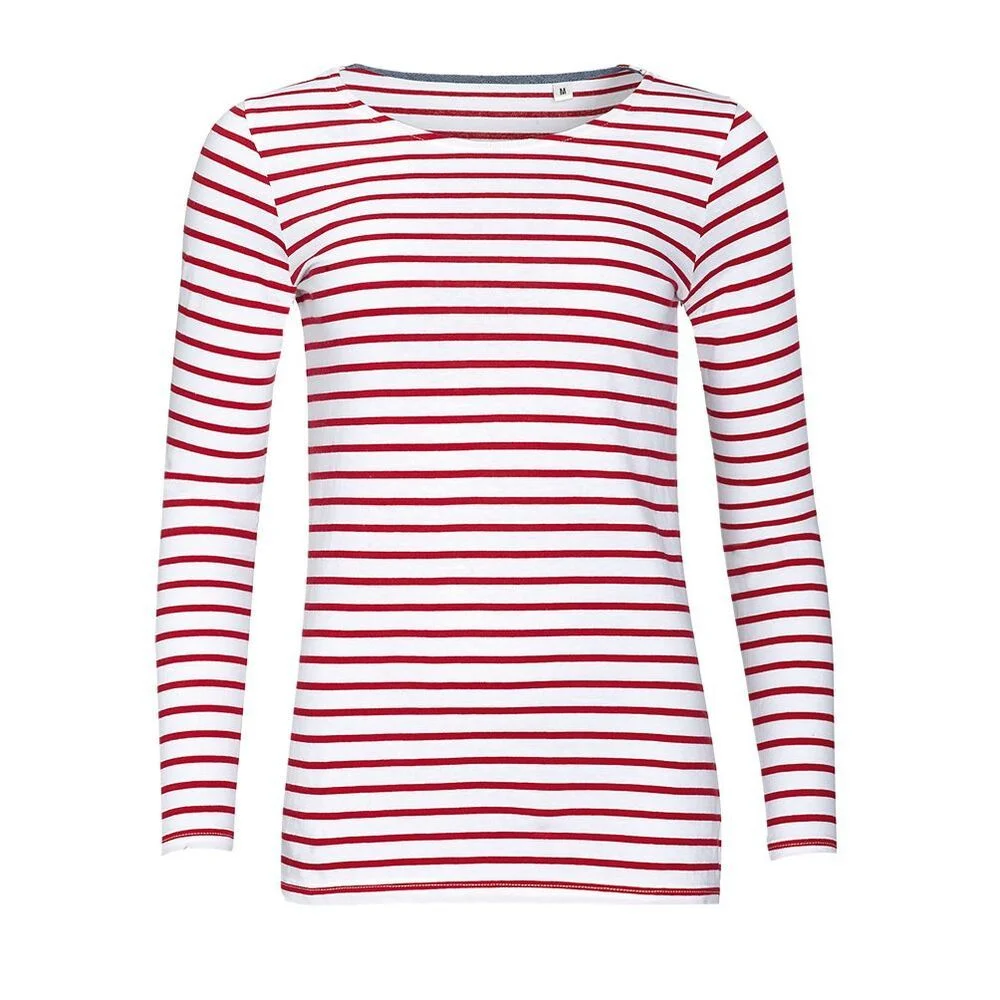 SOL'S 01403 Marine Gestreept T-shirt Lange Mouwen Dames – Wit/Rood