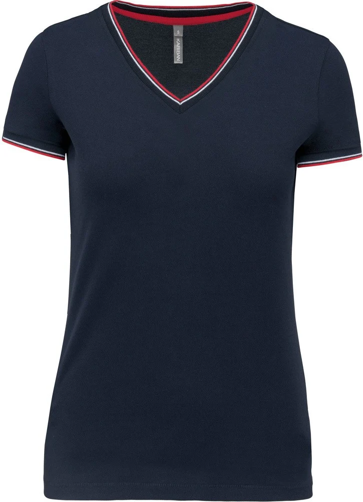 Kariban K394 T-shirt V-hals Dames – Marine / Rood / Wit