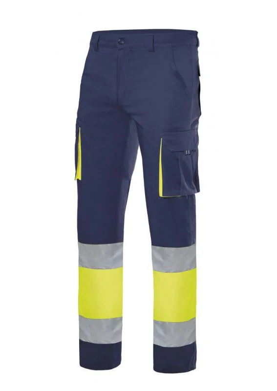 Velilla V3030 Tweekleurige Multi-pocket Werkbroek Hoge Zichtbaarheid – Navy/Fluo Yellow
