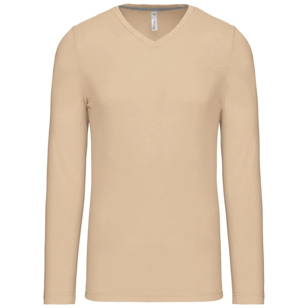 Kariban K358 T-shirt V-hals Lange Mouwen Heren – Licht zand