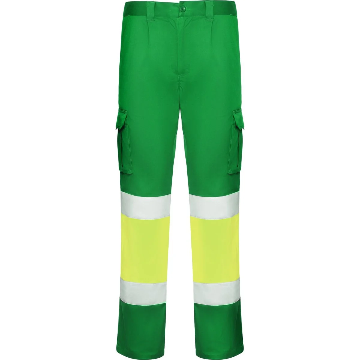 Roly HV9312 Daily Tweekleurige Multi-pocket Stretch Werkbroek Hoge Zichtbaarheid – VERDE JARDÍN/AMARILLO FLÚOR