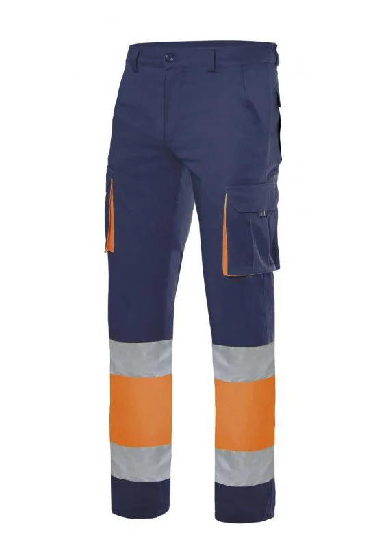 Velilla V3030 Tweekleurige Multi-pocket Werkbroek Hoge Zichtbaarheid – Navy/Fluo Orange