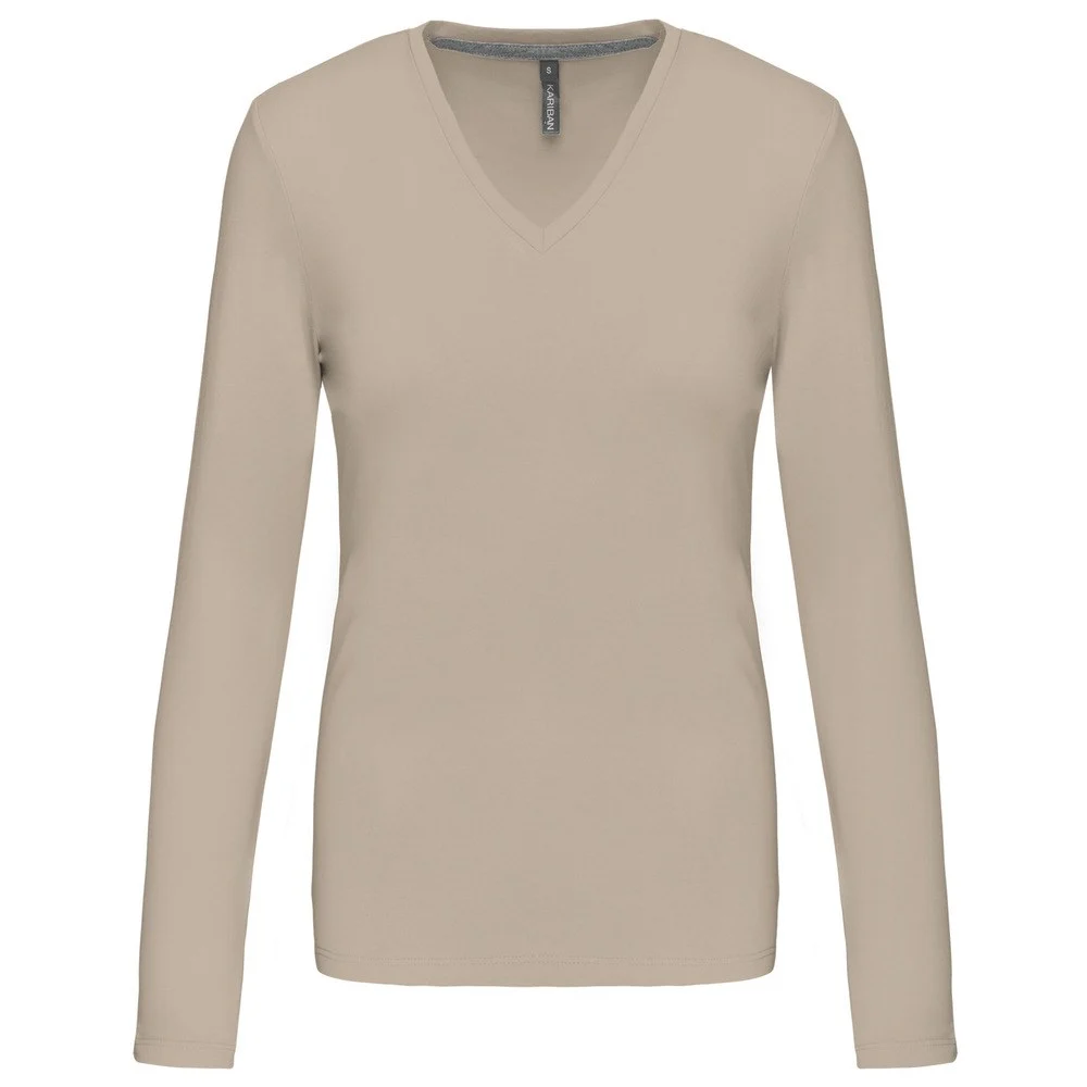 Kariban K382 T-shirt V-hals Lange Mouwen Dames – Licht zand