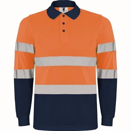 Roly HV9306 Polaris Poloshirt Lange Mouwen Hoge Zichtbaarheid – NAVY BLAUW/FLUOR ORANJE