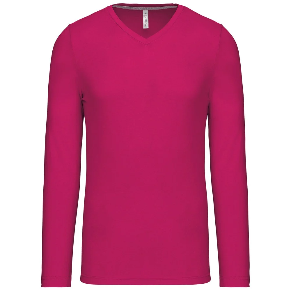 Kariban K358 T-shirt V-hals Lange Mouwen Heren – Fuchsia